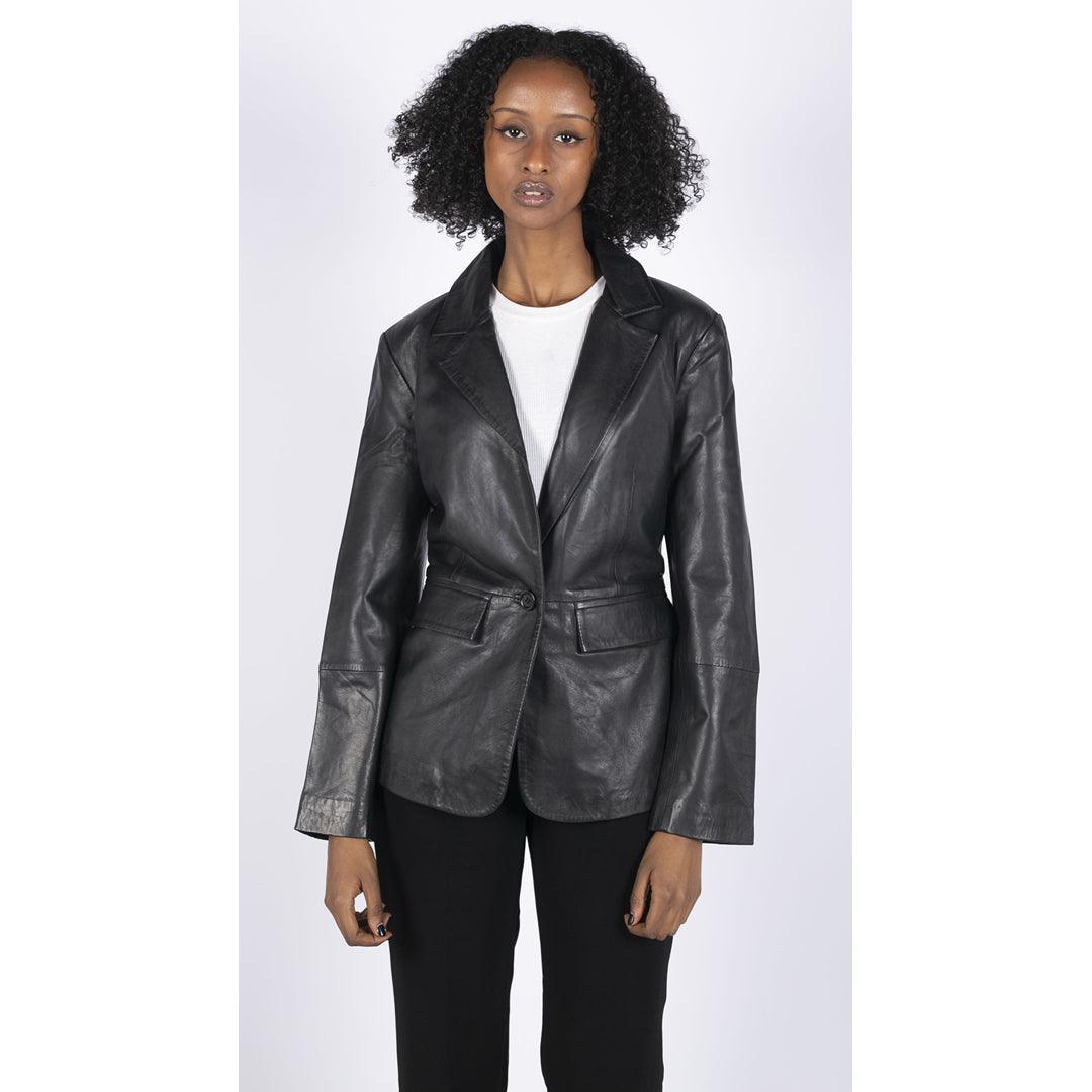 Womens Real Leather Blazer Jacket Short 1 Buton Brown Tan Black Classic Retro - Knighthood Store