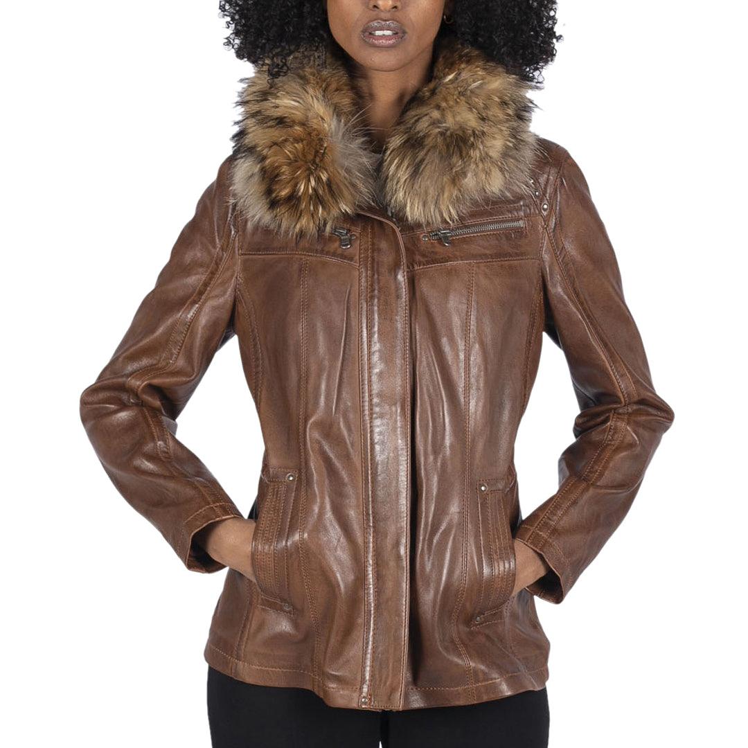 Womens Real Leather Short Parka Jacket Coat Fur Hood Zipped Brown Tan Black - Knighthood Store