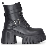 Women's Black Vegan Leather Mid-Calf Chunky Platform Combat Boots