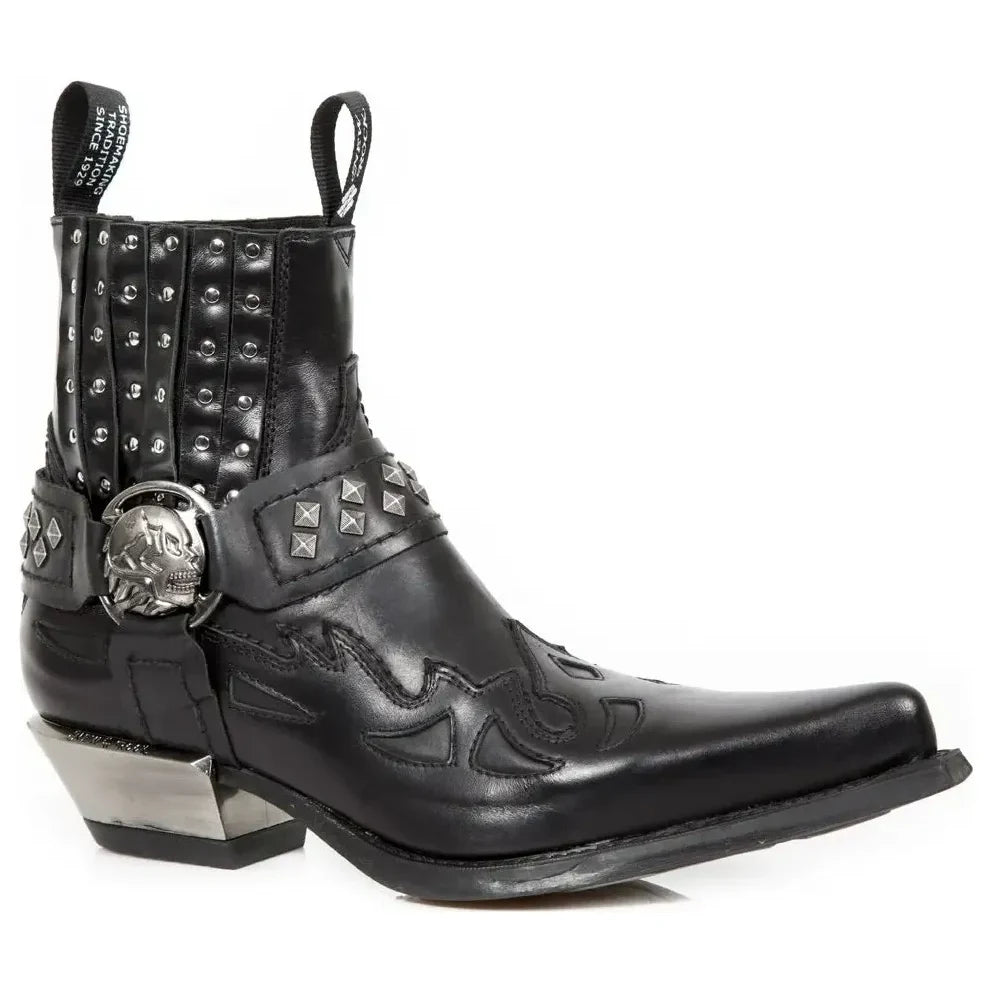 Men's New Rock M.7950-S1 Black Ankle Boots Western Goth Skull Stud