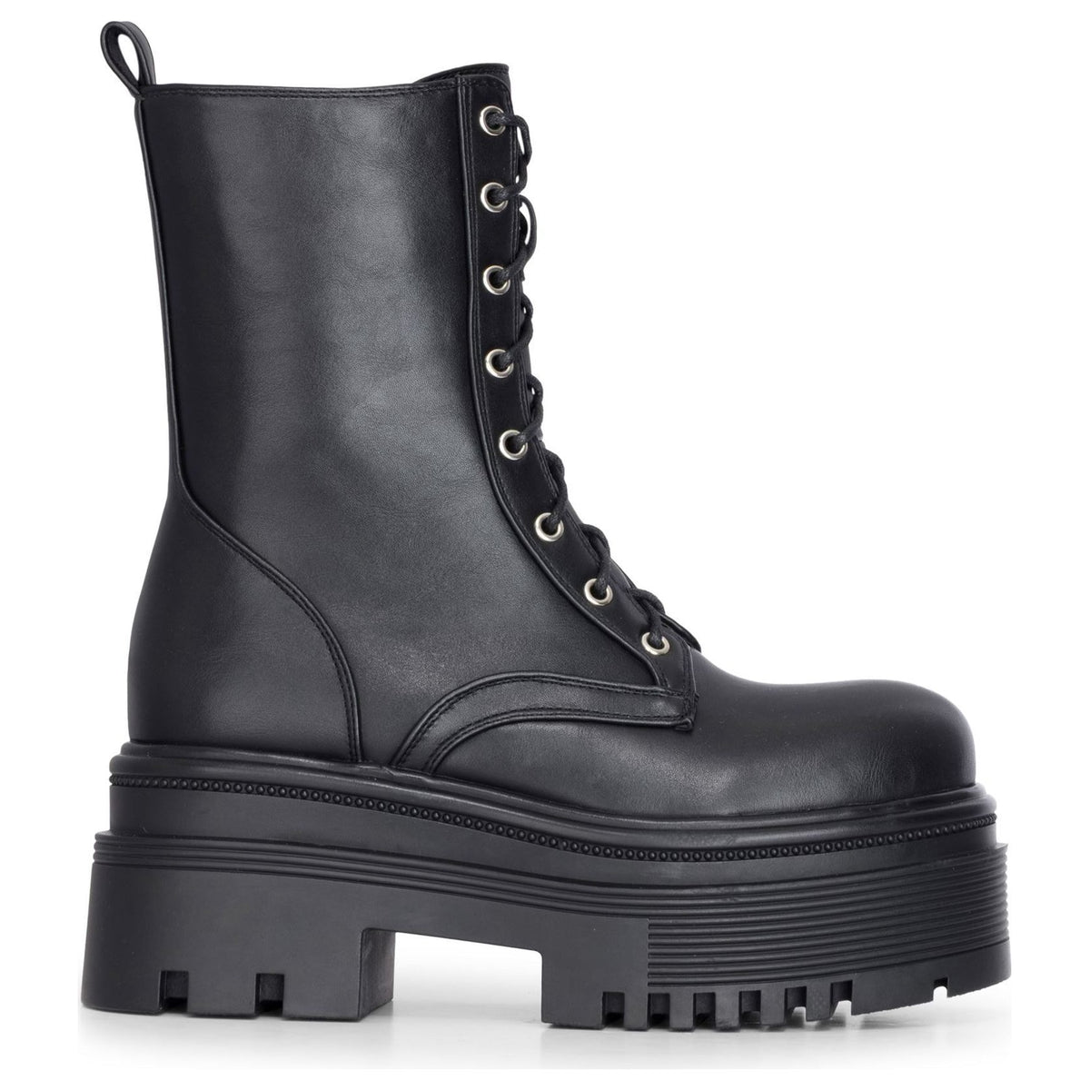 Women's Black Vegan Leather Mid-Calf Lace-Up Front Platform Combat Boots