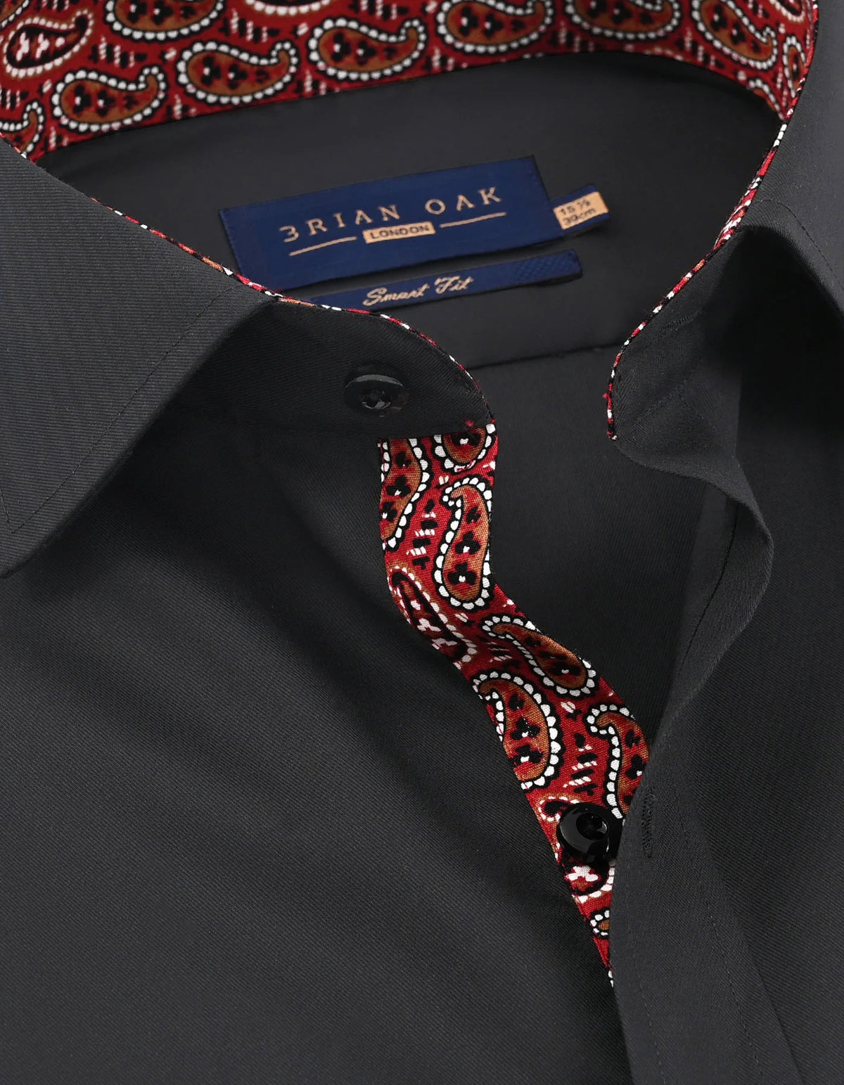 Men's Black Cotton Twill Formal Shirt with Red Paisley Trim