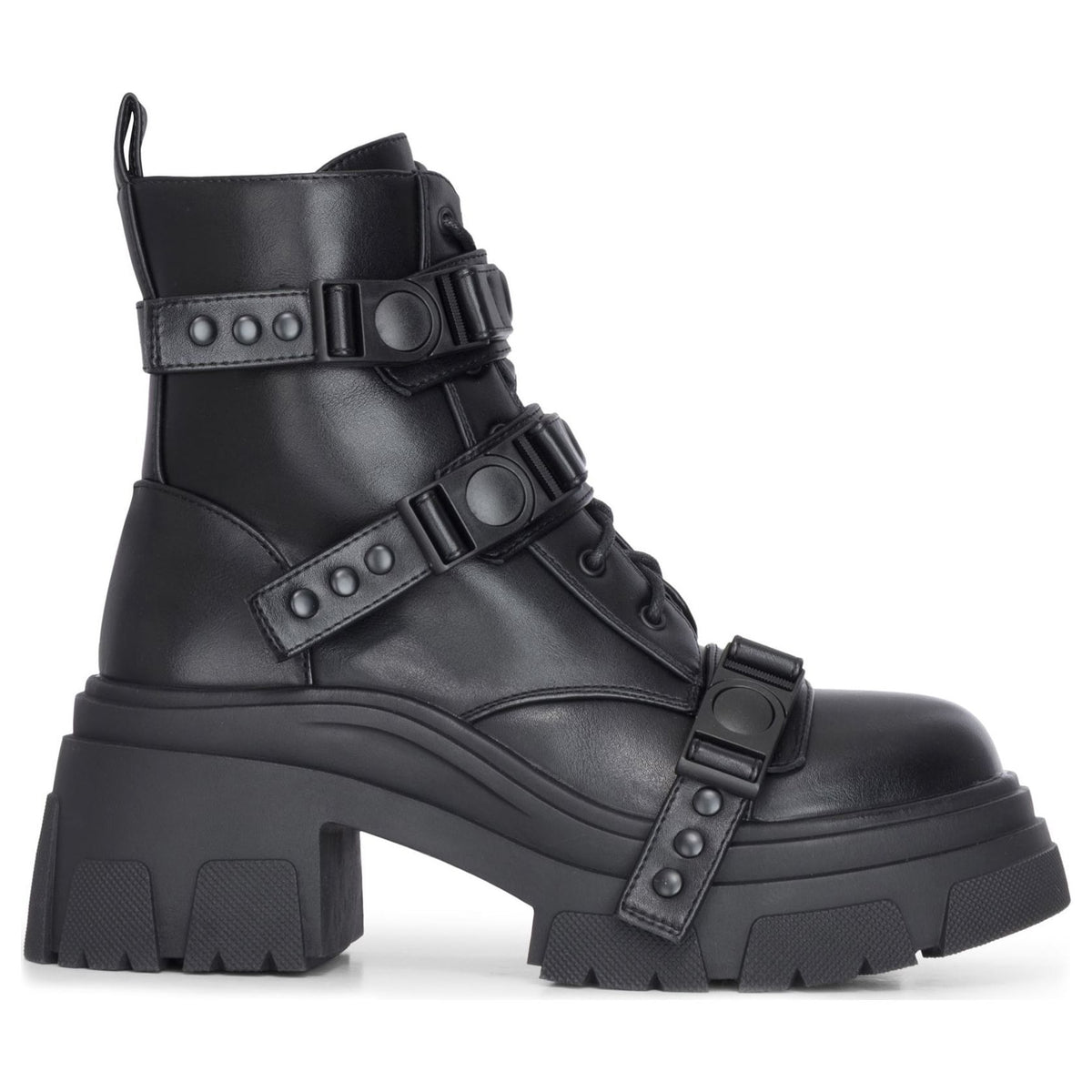 Women's Black Vegan Leather Mid-Calf Buckle Platform Combat Boots