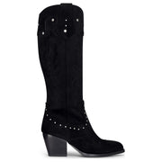 Women's Black Vegan Suede Knee-High Western Studded Cowboy Boots