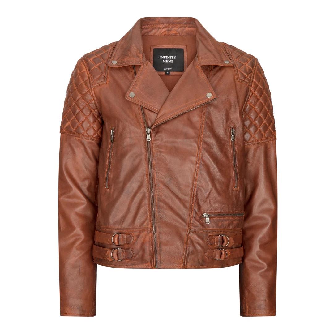 Mens Slim Fit Cross Zip Retro Vintage Brown Biker Punk Rock Real Leather Jacket - Knighthood Store