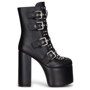 Women's Black Platform Mid-Calf Boots Vegan Leather Block Heel Booties
