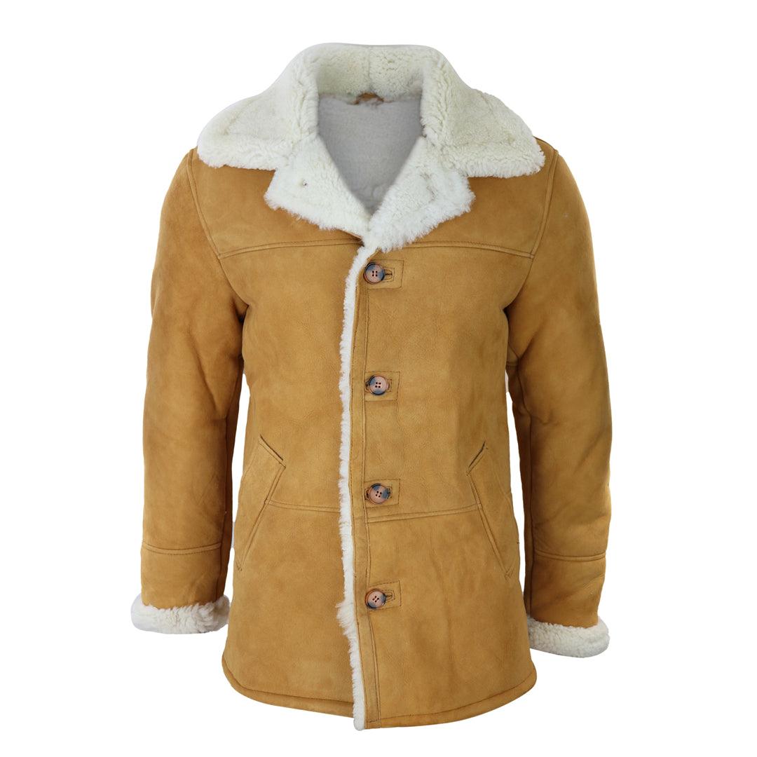 Mens 3/4 Genuine Sheepskin Coat Classic Tan Brown Camel Jacket Cream Fur - Knighthood Store