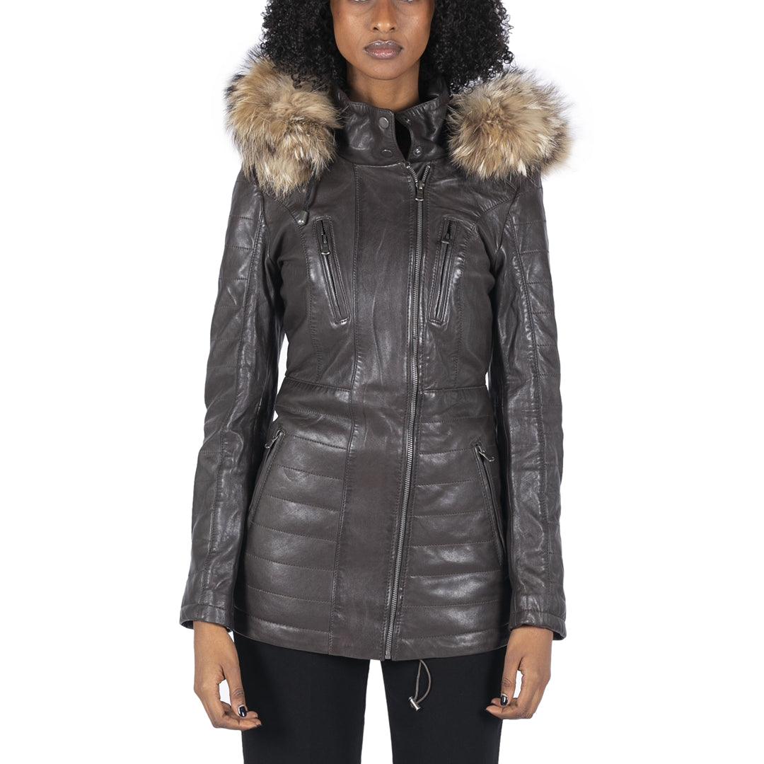 Womens Real Leather Parka Jacket 3/4 Fur Hood Zipped Brown Tan Grey Tailored Fit - Knighthood Store