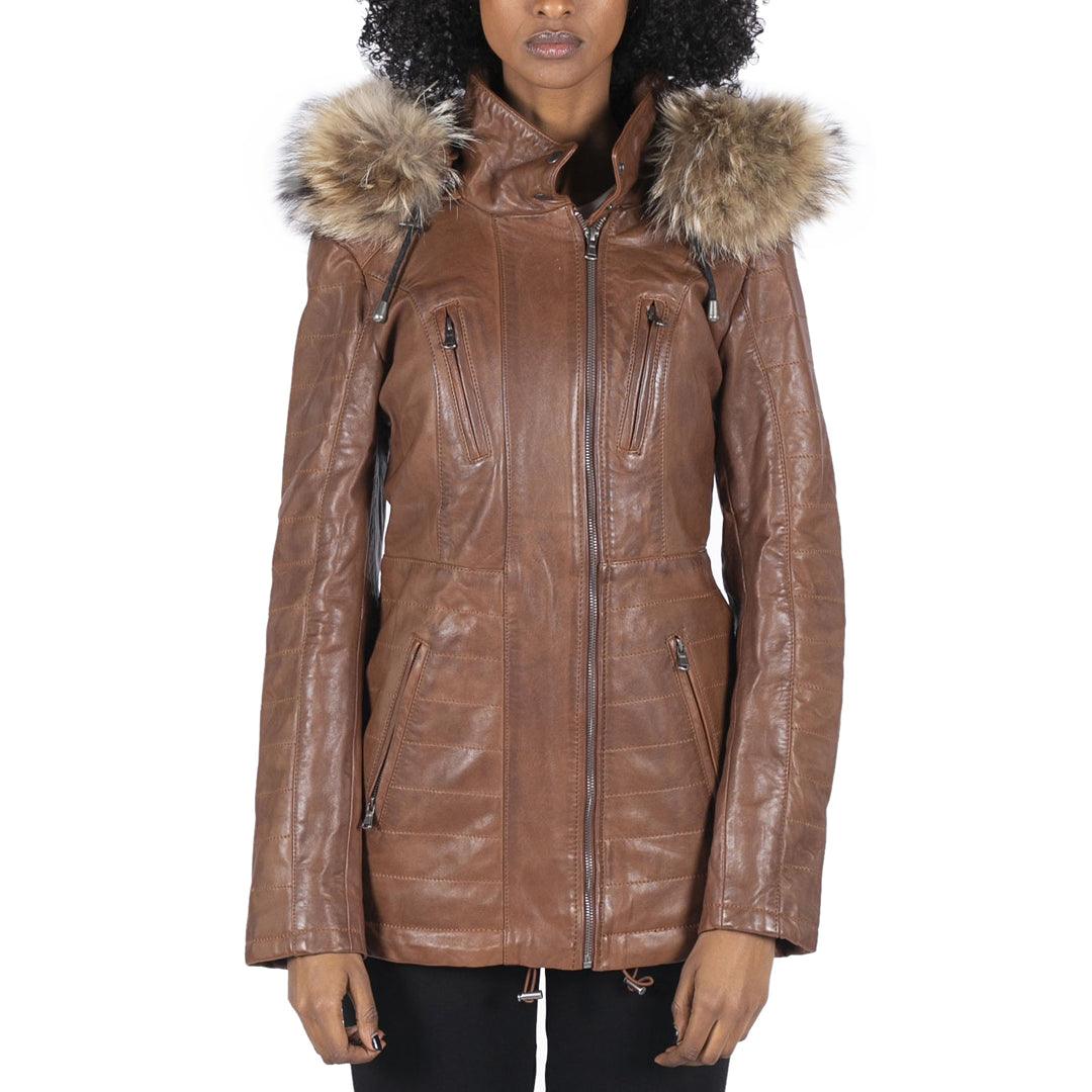 Womens Real Leather Parka Jacket 3/4 Fur Hood Zipped Brown Tan Grey Tailored Fit - Knighthood Store