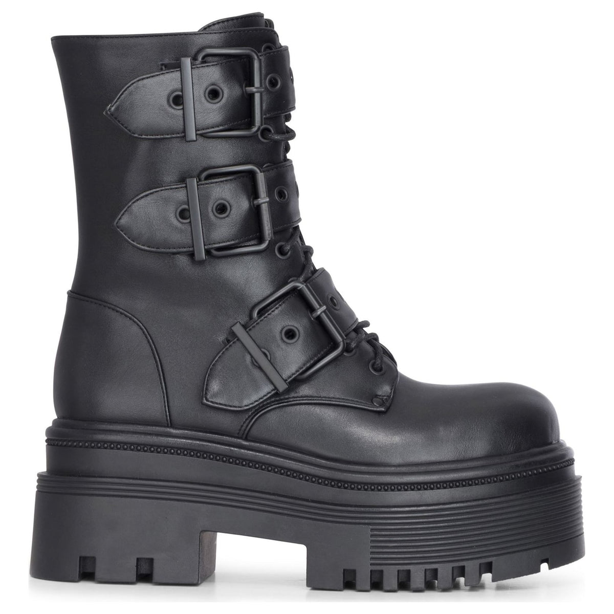 Women's Black Vegan Leather Mid-Calf Buckle Straps Platform Combat Boots