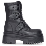 Women's Black Vegan Leather Mid-Calf Buckle Straps Platform Combat Boots