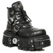 Women's New Rock M-TANK007-S1 Black Leather Platform Ankle Boots