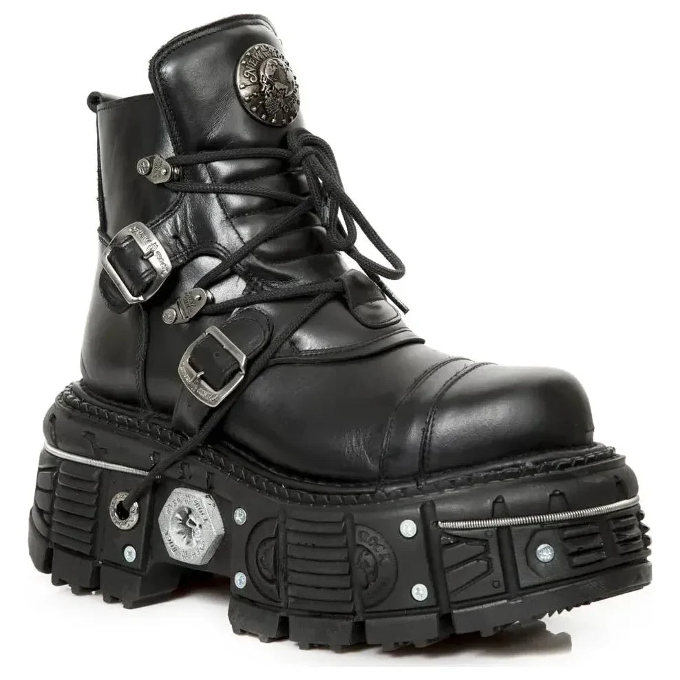 Women's New Rock M-TANK007-S1 Black Leather Platform Ankle Boots
