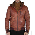 Mens Real Leather Hood Fur Jacket Bomber Aviator Tan Brown Retro - Knighthood Store