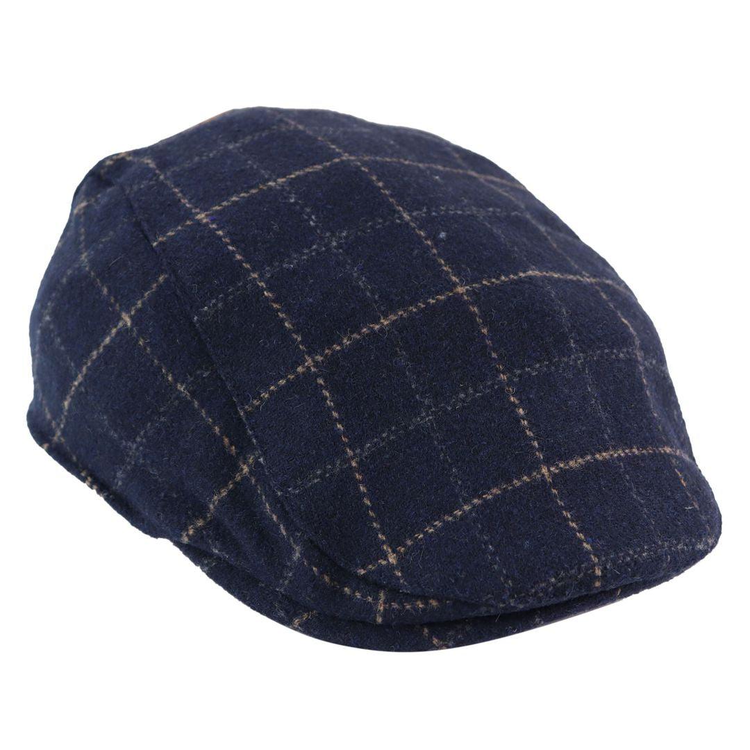 Mens Navy Blue Hat Flat Cap Herringbone Check Vintage Retro Peaky Tweed Grandad - Knighthood Store