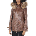 Womens Real Leather Parka Coat 3/4 Removable Hood Fur Button Cover Zipped - Knighthood Store