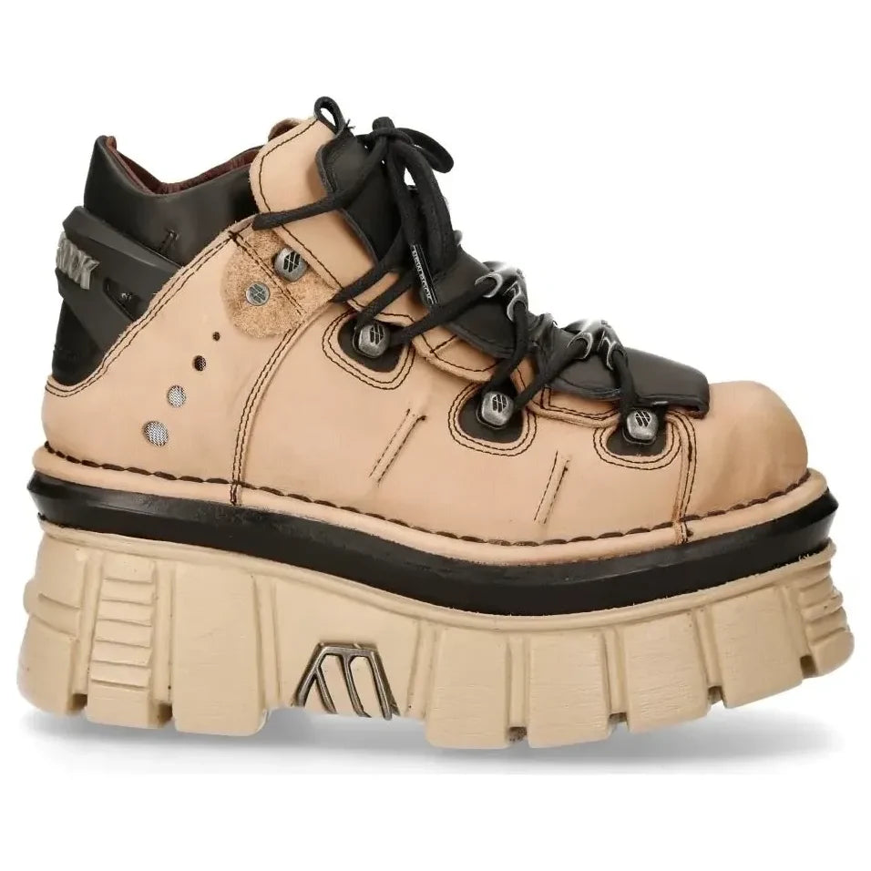 Women's New Rock M-106-S40 Beige Leather Gothic Ankle Platform Boots