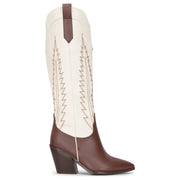 Women's Two-Tone Brown Cream Vegan Leather Western Knee-High Cowboy Boots
