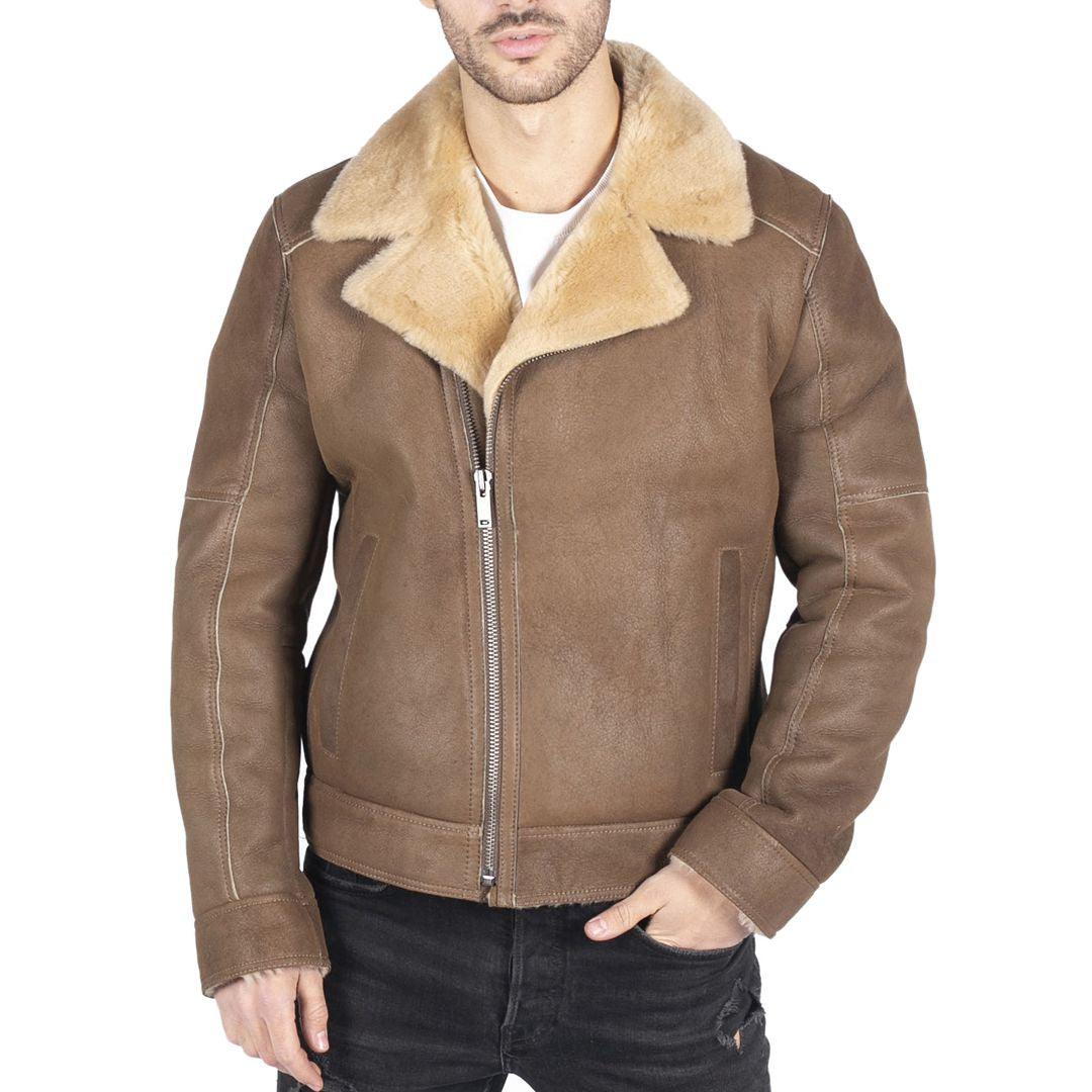 Mens Genuine Sheepskin Leather Cross Zip Flying Aviator Jacket Camel Brown Fur - Knighthood Store