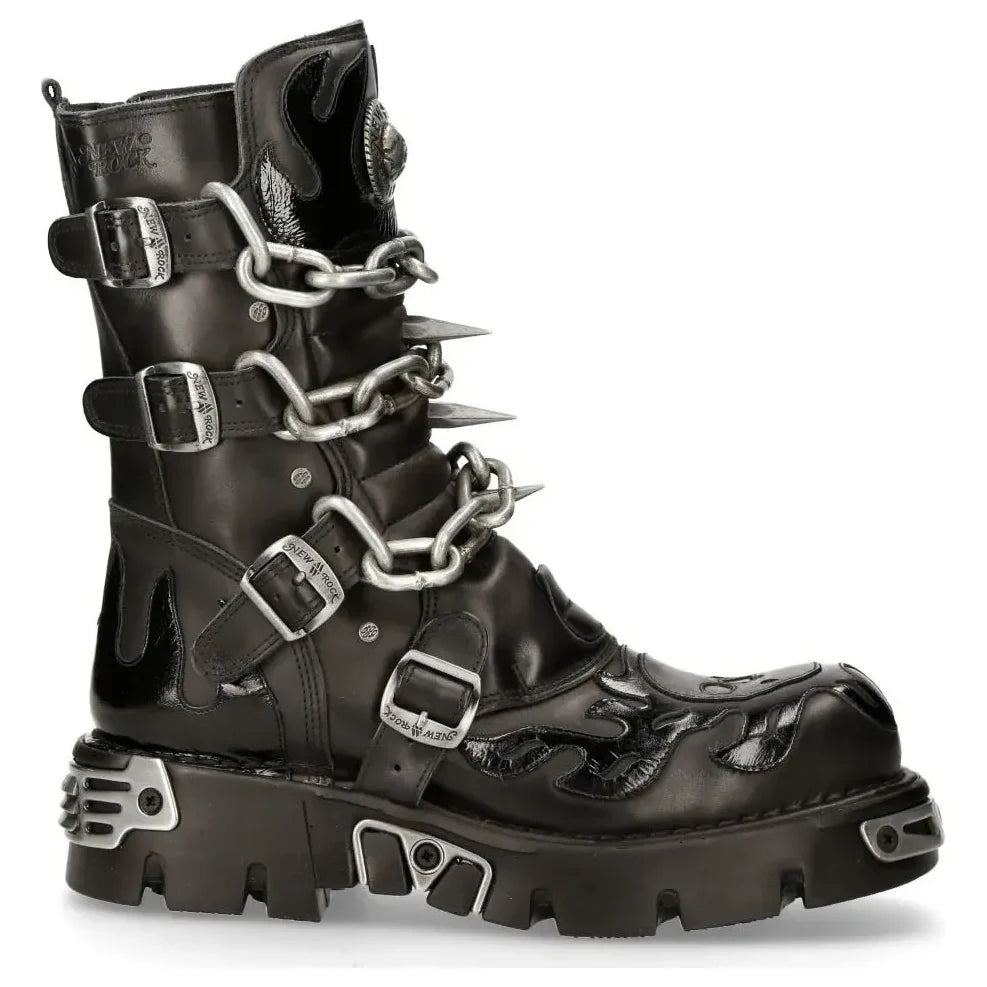 New Rock Men's Black Leather Skull Flame Reactor Boots