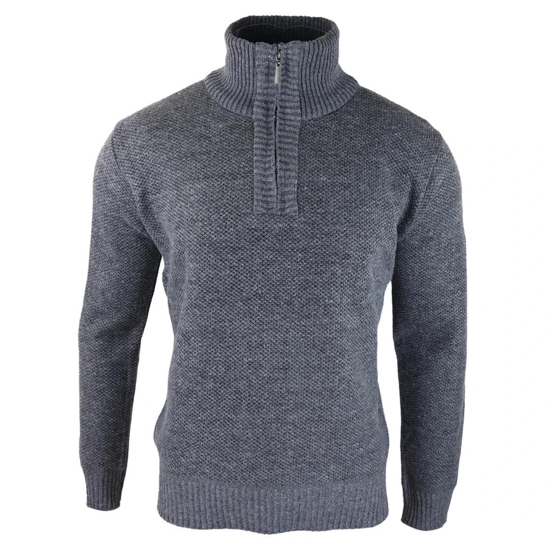Mens Jumper Fleece Fur Lined Pullover Knitted Warm Winter Casual Half Zip - Knighthood Store