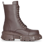 Women's Brown Vegan Leather Platform Mid-Calf Combat Boots