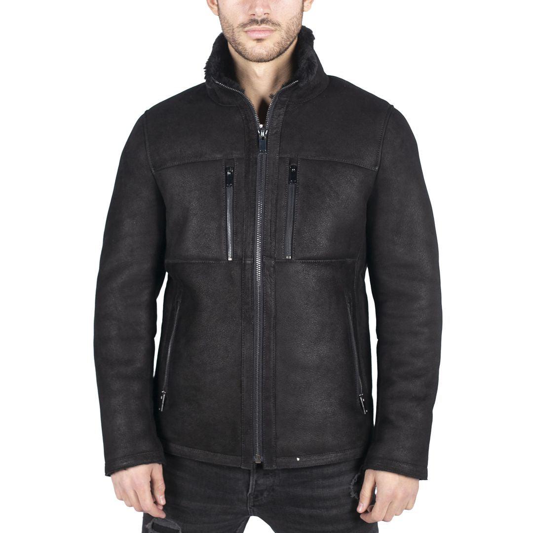 Mens Real Sheepskin Jacket Short Zipped Casual Retro Vintage Black Zipped - Knighthood Store