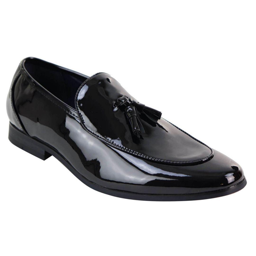 Mens Tassel Slip On Black Shoes Shiny Patent Smart Casual Formal Driving Retro - Knighthood Store