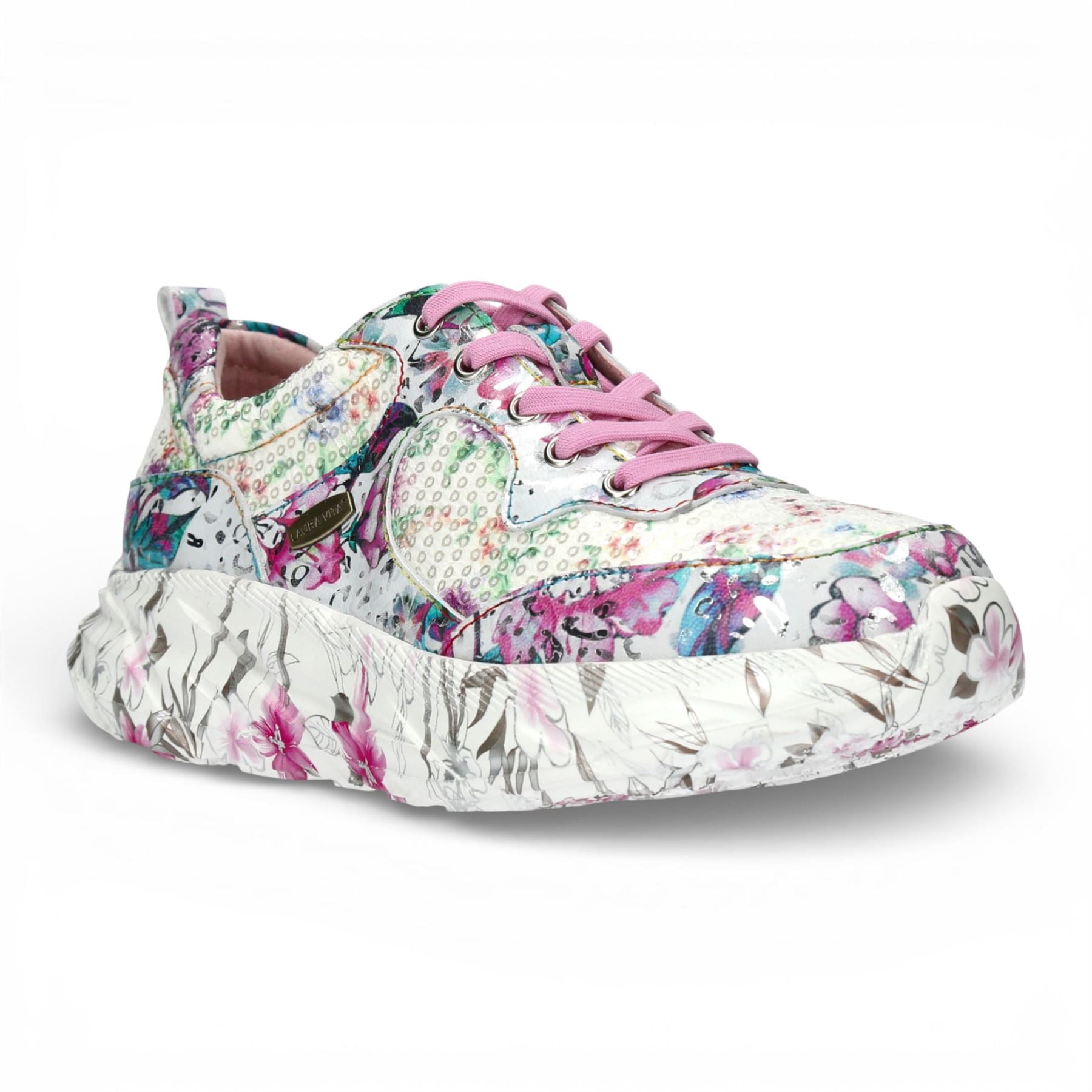 Sofiao 07 - Women's Pink Floral Leather Platform Sneakers