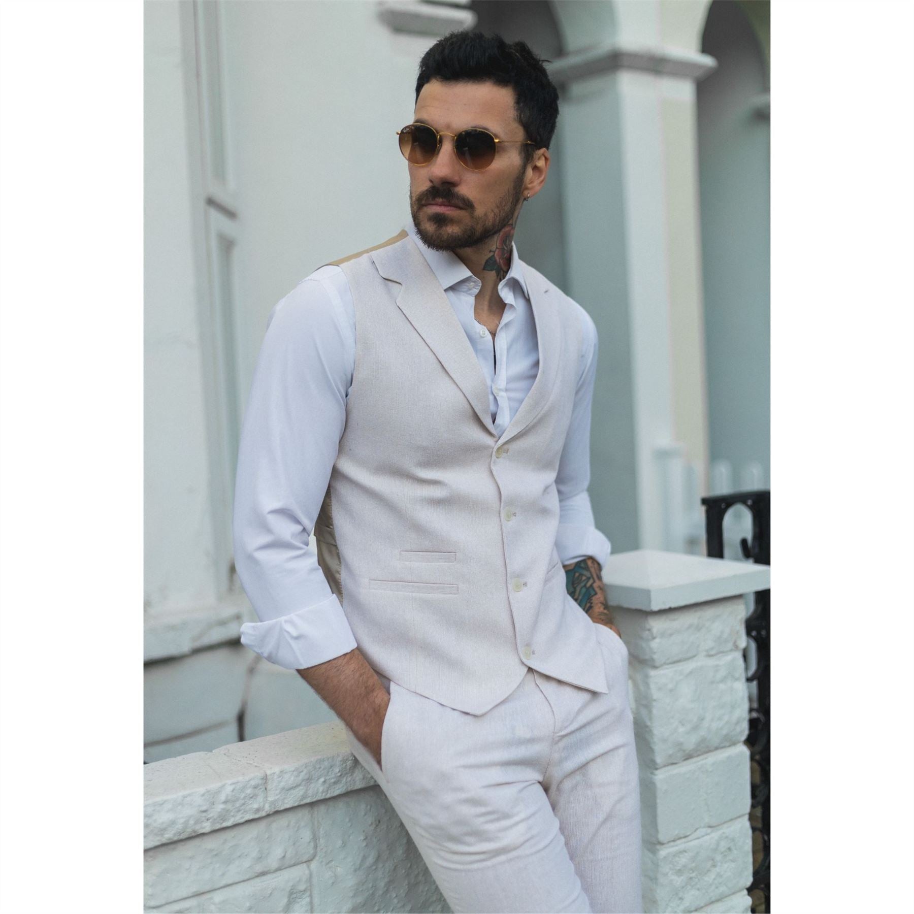 Mens Summer Suit Waistcoat Trousers Linen Smart Formal Cream Beige Wedding
