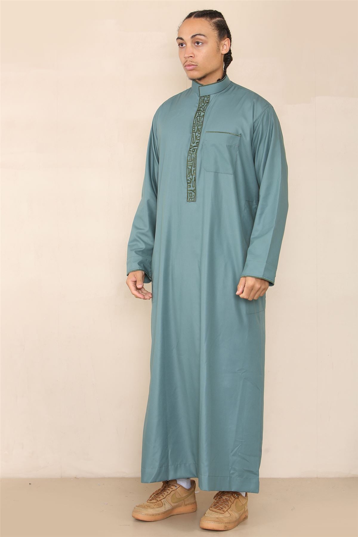 Mens Thobe Jubba Nehru Stand Collar Islamic Clothing Muslim Cotton Kaftan Embroidery Eid Robe Saudi