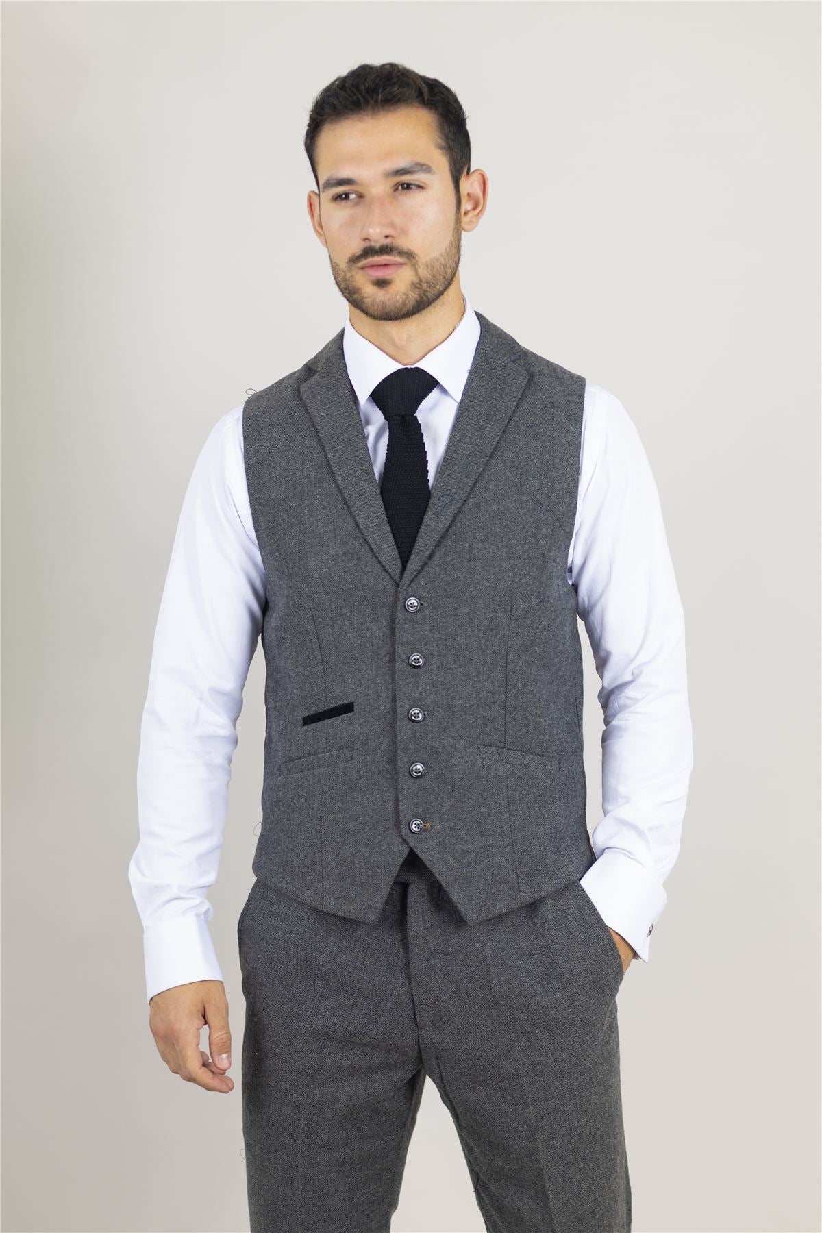 Men's Suit Grey 3 Piece Herringbone Tweed Wool Blend Classic Formal Dress