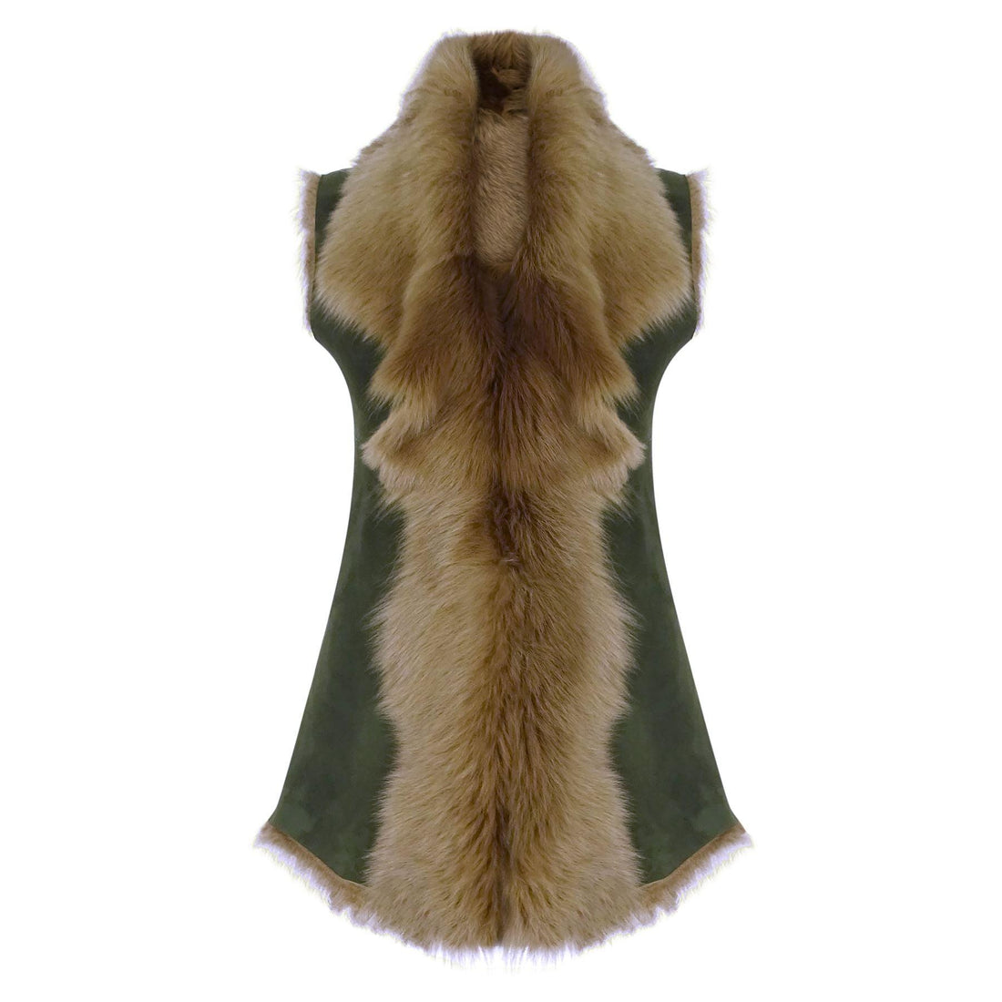 Ladies Women Real Spanish Shearling Sheepskin Toscana Olive Long Waistcoat Gilet - Knighthood Store