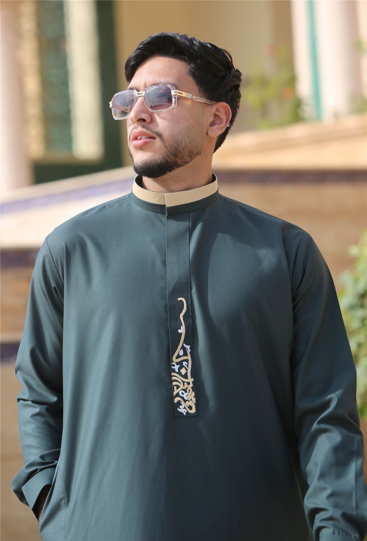 Men's Thobe Jubba Nehru Round Collar Islamic Clothing Muslim Kaftan Embroidery Eid Robe Saudi
