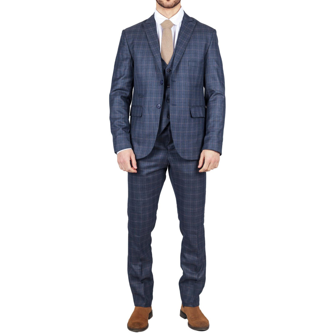 Men's Blue Suit Prince Of Wales Check Tailored Fit 3 Piece Formal Dress
