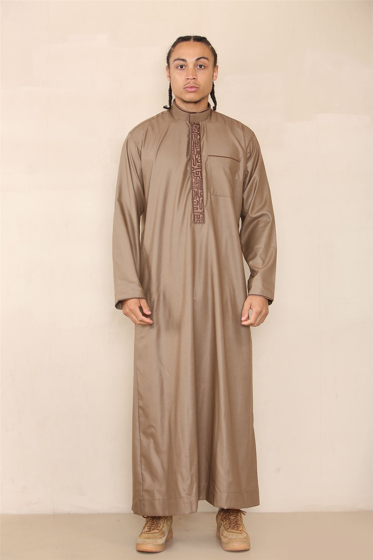 Mens Thobe Jubba Nehru Stand Collar Islamic Clothing Muslim Cotton Kaftan Embroidery Eid Robe Saudi