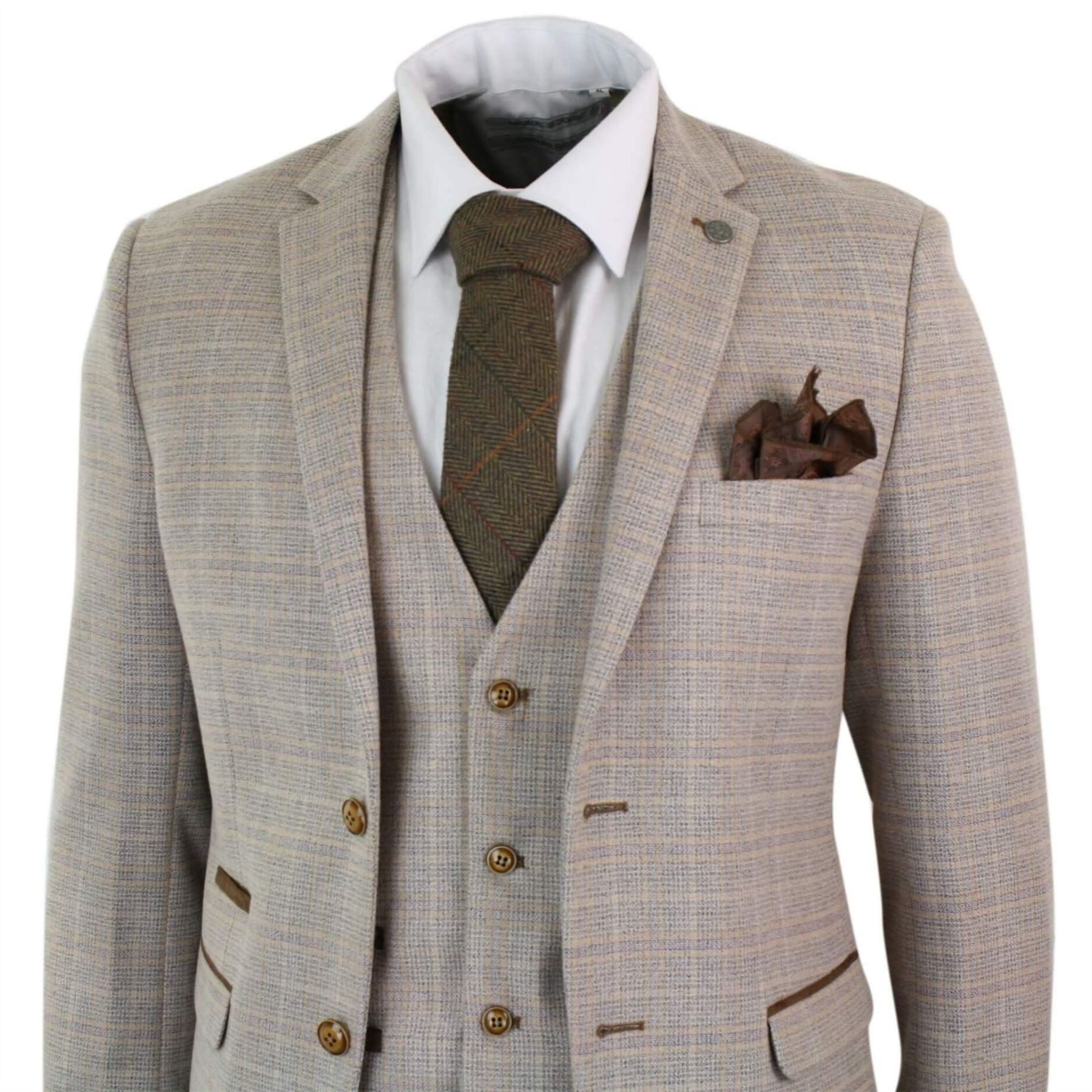 Mens Check Tweed Beige Brown 3 Piece Suit Wedding Prom Vintage Retro Classic