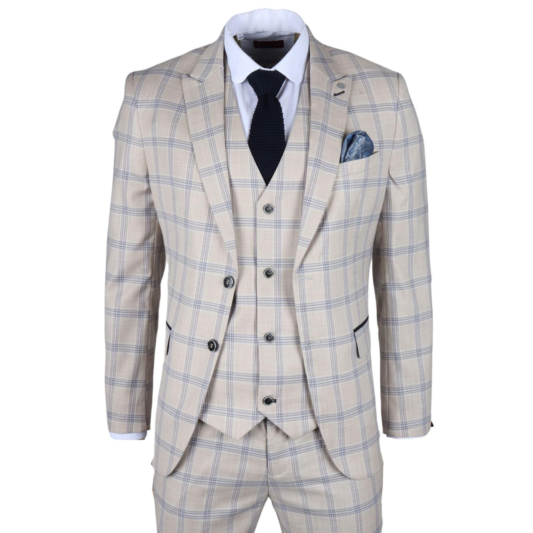 Men's Blazer Beige Checked Classic Sport Coat Plaid Tailored Fit - Knighthood Store
