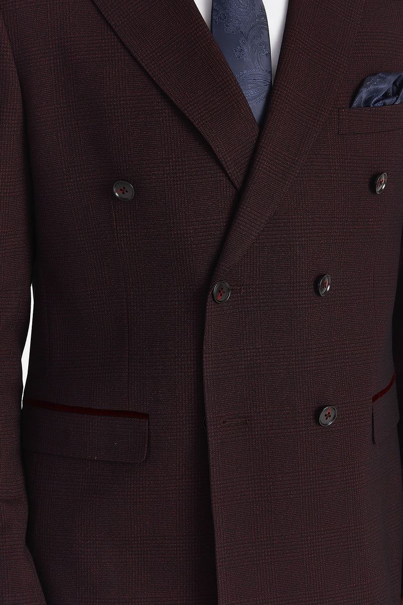 Regent - Men's Brugundy Checked Double Breasted Blazer