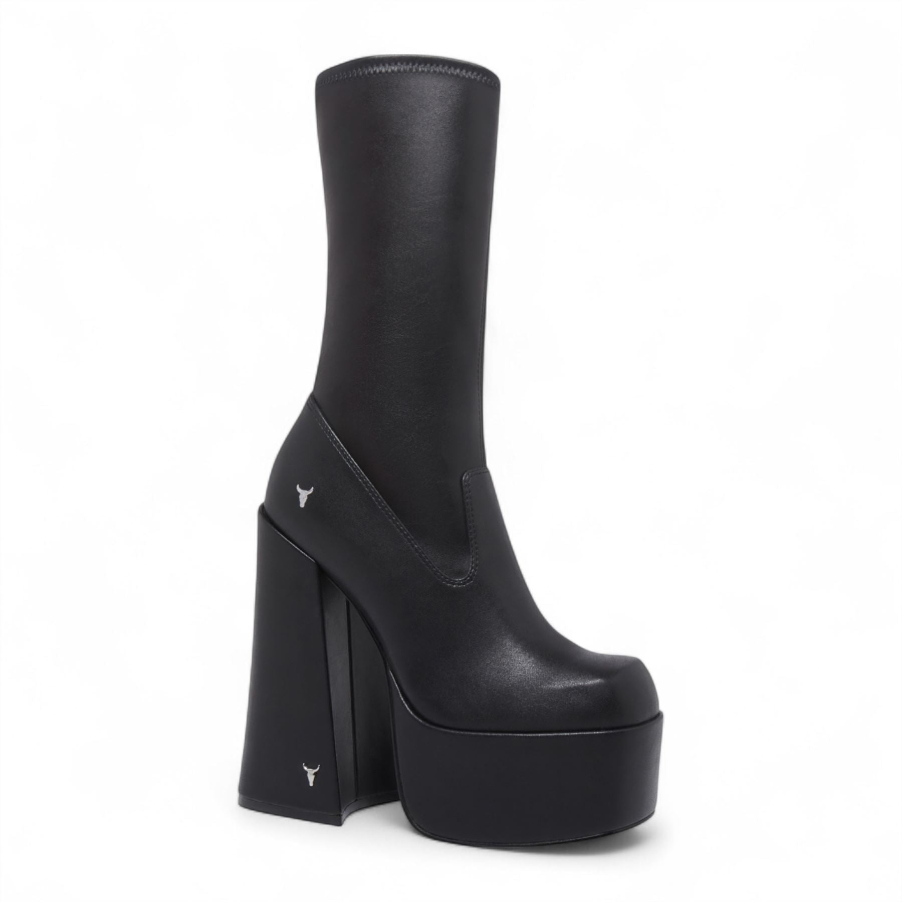 Saviour - Women's Black Mid-Calf Platform Goth Heel Boots