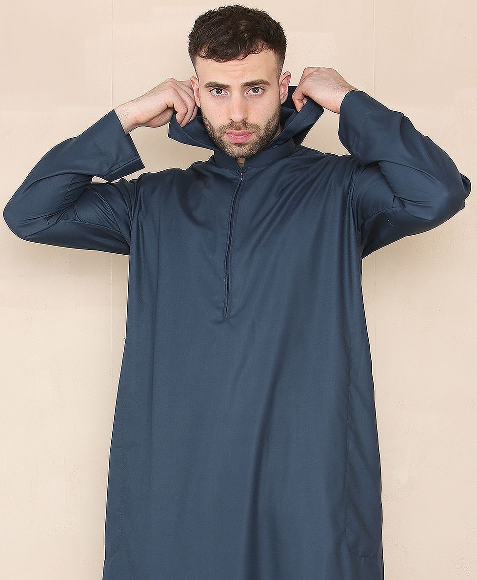 Mens Hooded Thobe Hood Jubba Nehru Stand Collar Islamic Clothing Muslim Kaftan Robe Saudi Slim Regular Fit