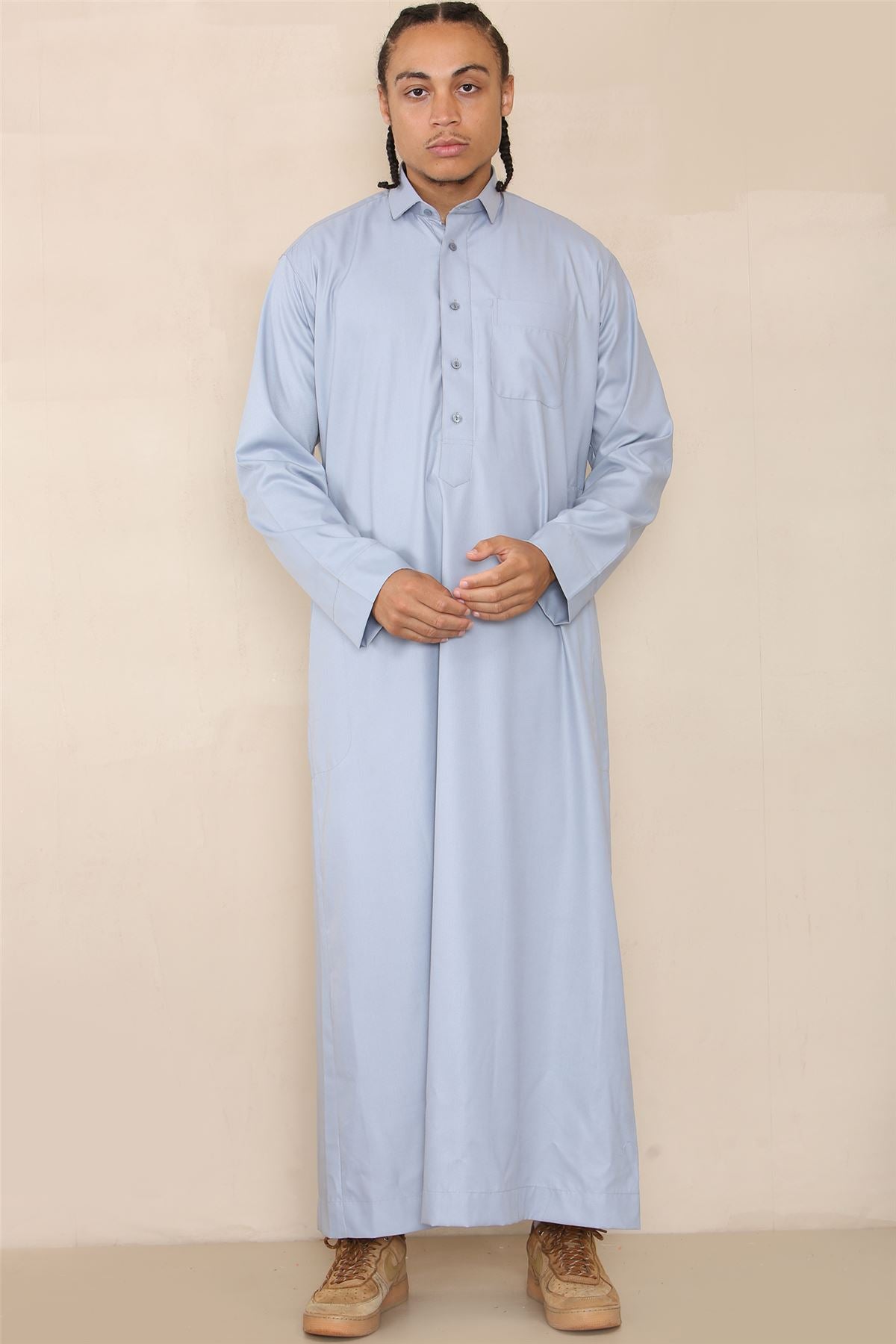 Mens Thobe Jubba Turn Down Collar Islamic Muslim Cotton Kaftan Dress Robe Arabic