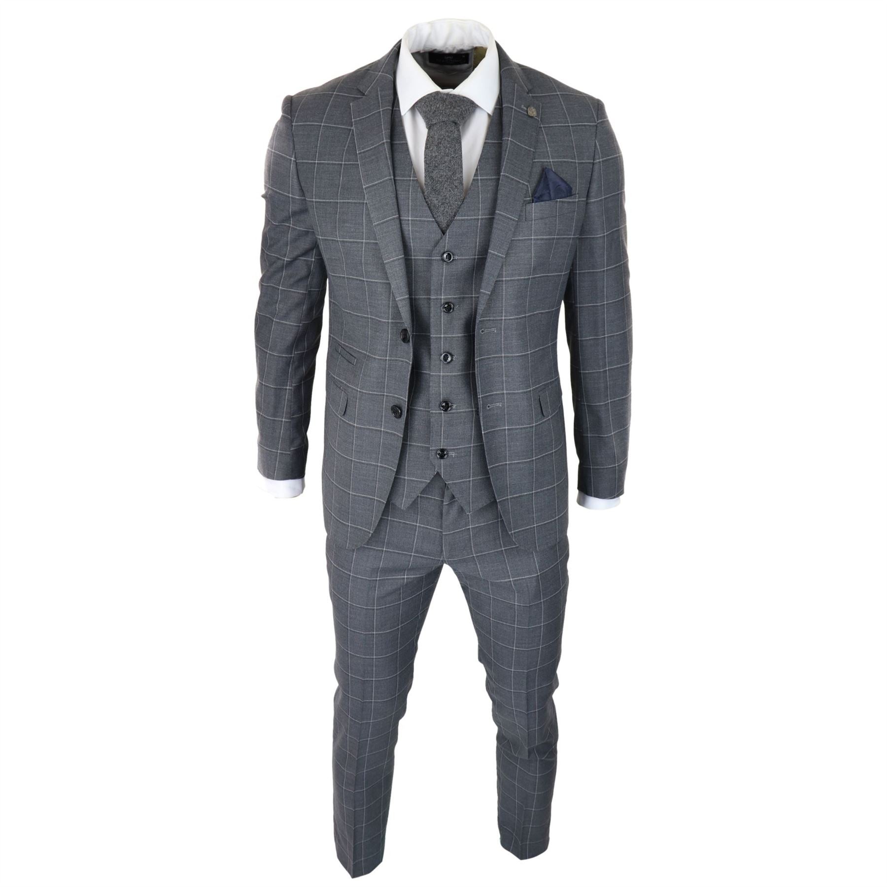 Mens Grey Check 3 Piece Suit Vintage Retro Smart Wedding Classic Tailored Fit Light