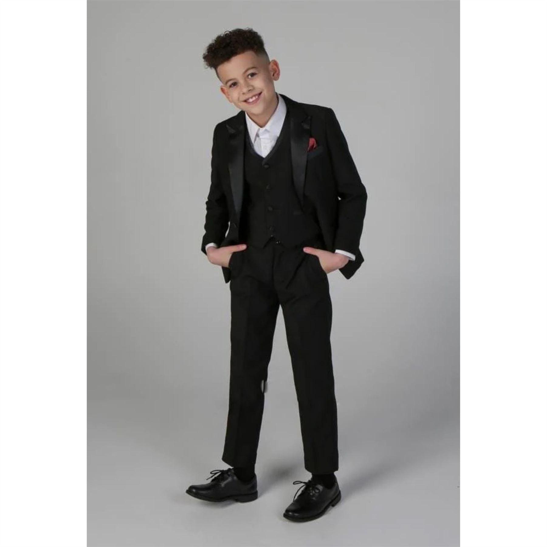 Boys 3 Piece Black Classic Satin Tuxedo Dinner Suit Wedding - Knighthood Store