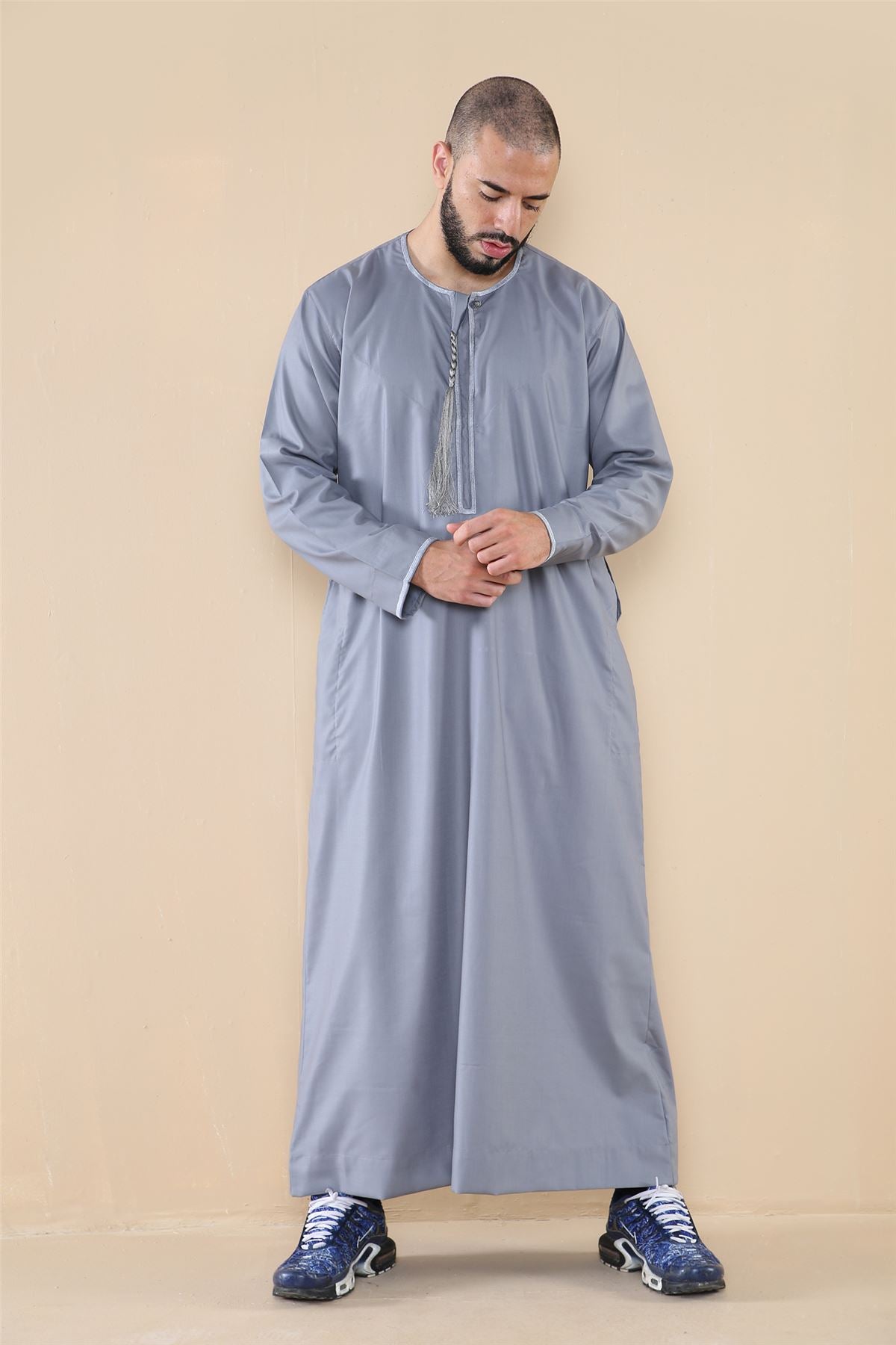 Mens Thobe Jubba Islamic Clothing Muslim Kaftan Emirati Omani Robe Arab Tassel
