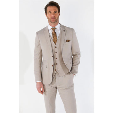 Men's Suit 3 Piece Beige Classic Birdseye Summer Wedding