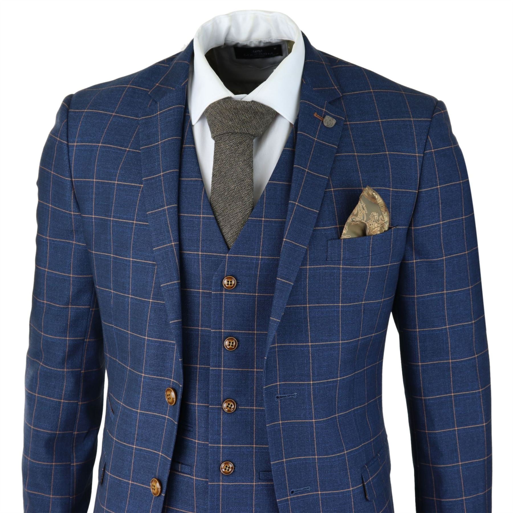 Mens 3 Piece Blue Orange Check Suit Retro Smart Tailored Fit Vintage