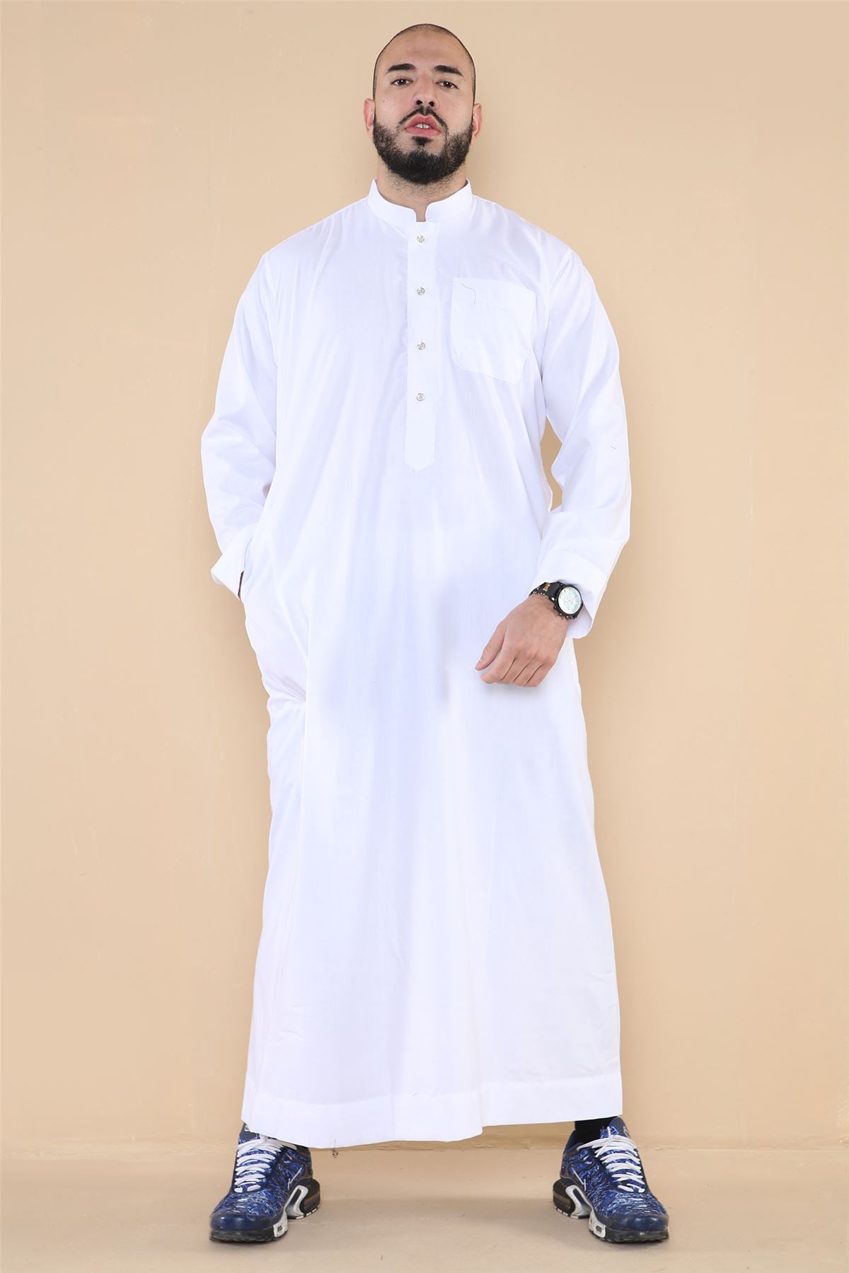 Mens Thobe Jubba Nehru Stand Collar Islamic Clothing Muslim Cotton Kaftan Dress Robe Saudi