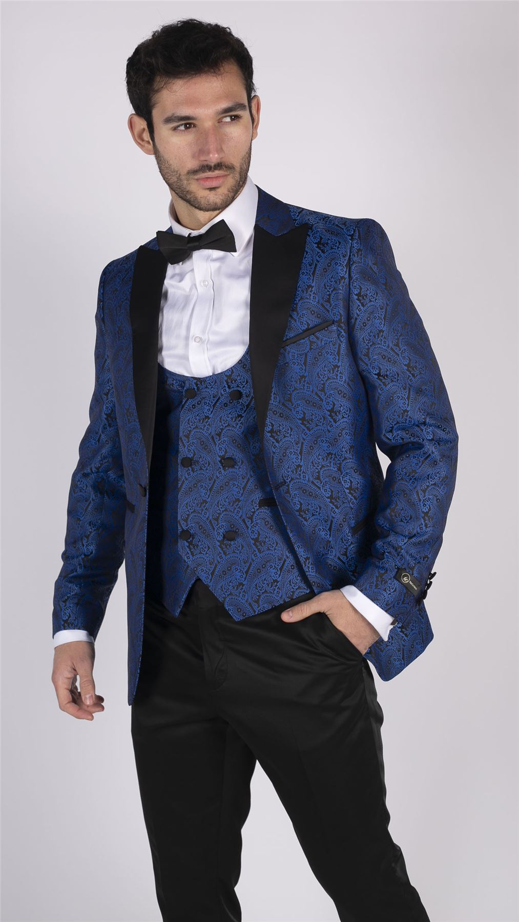 Mens Paisley Tuxedo Blazer And Waistcoat Brocade Dinner Jacket Satin Black Blue