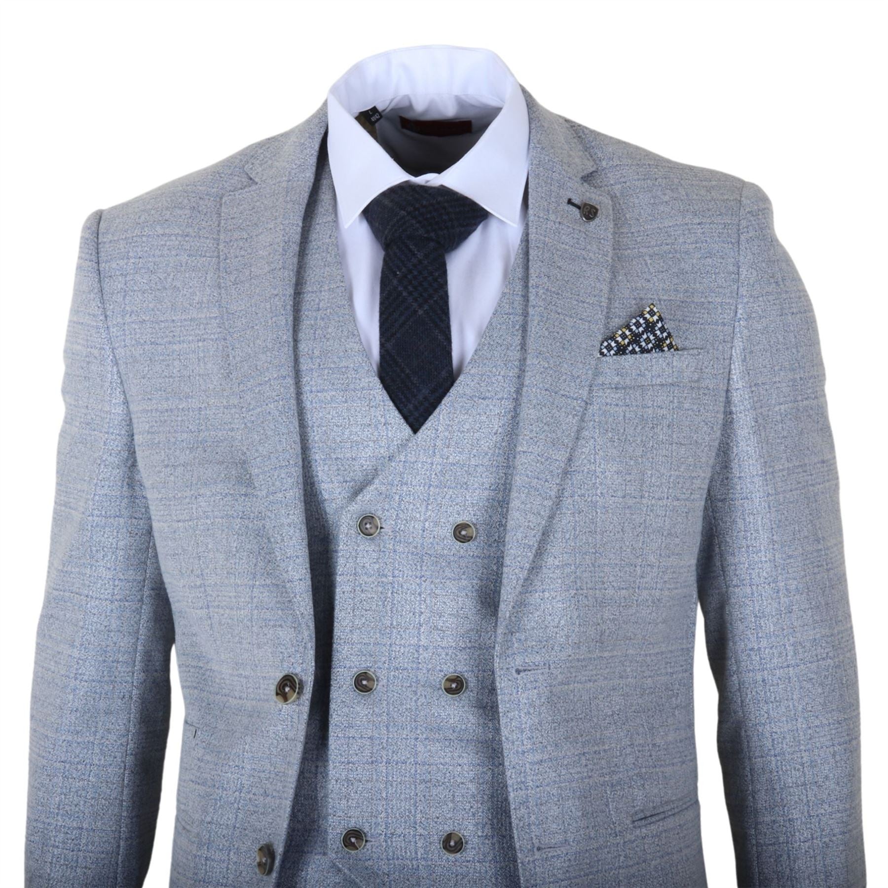 Luis - Men's Light Blue Plaid Check Slim Fit 3 Piece Suit